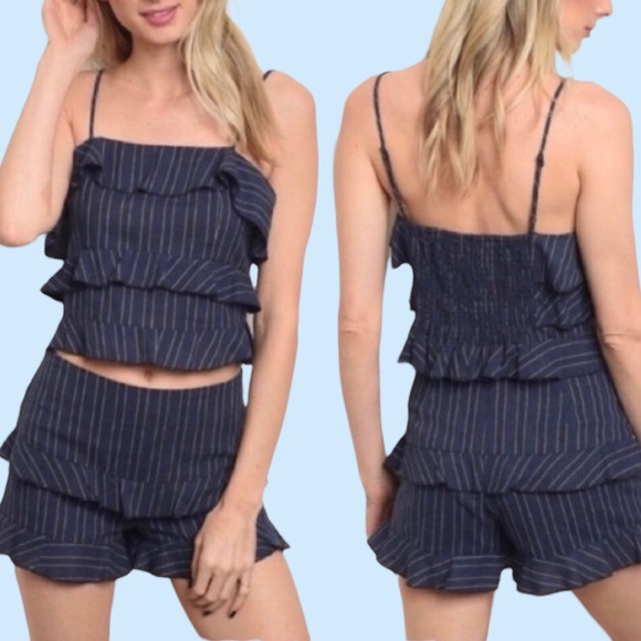 Pants - NAVY BLUE STRIPES DETAILED TOP & SHORT SET